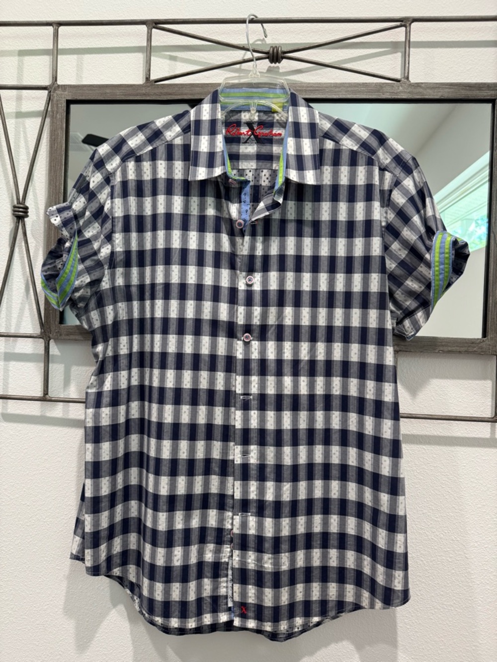 Robert Graham Navy and White Checked Short-Sleeve Button-Down Shirt